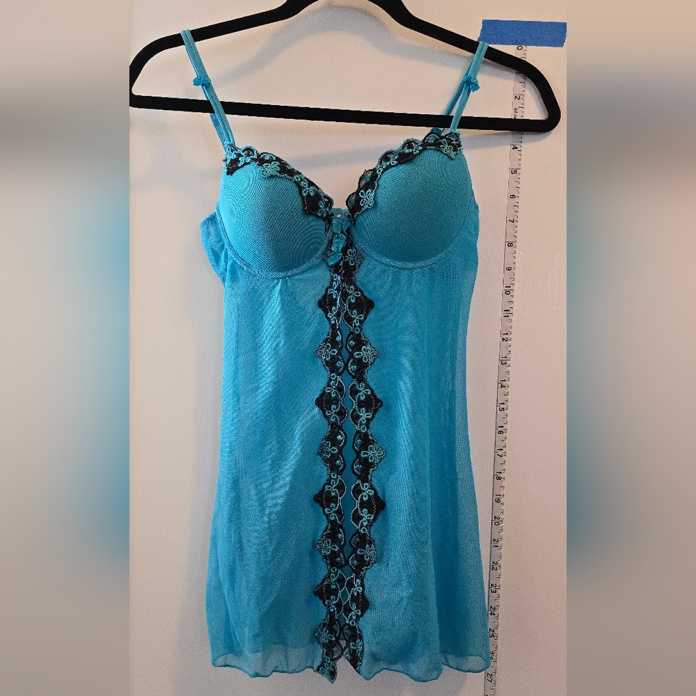NWOT Nature Intimates | Blue open-front baby doll w/lace detailing | 34A